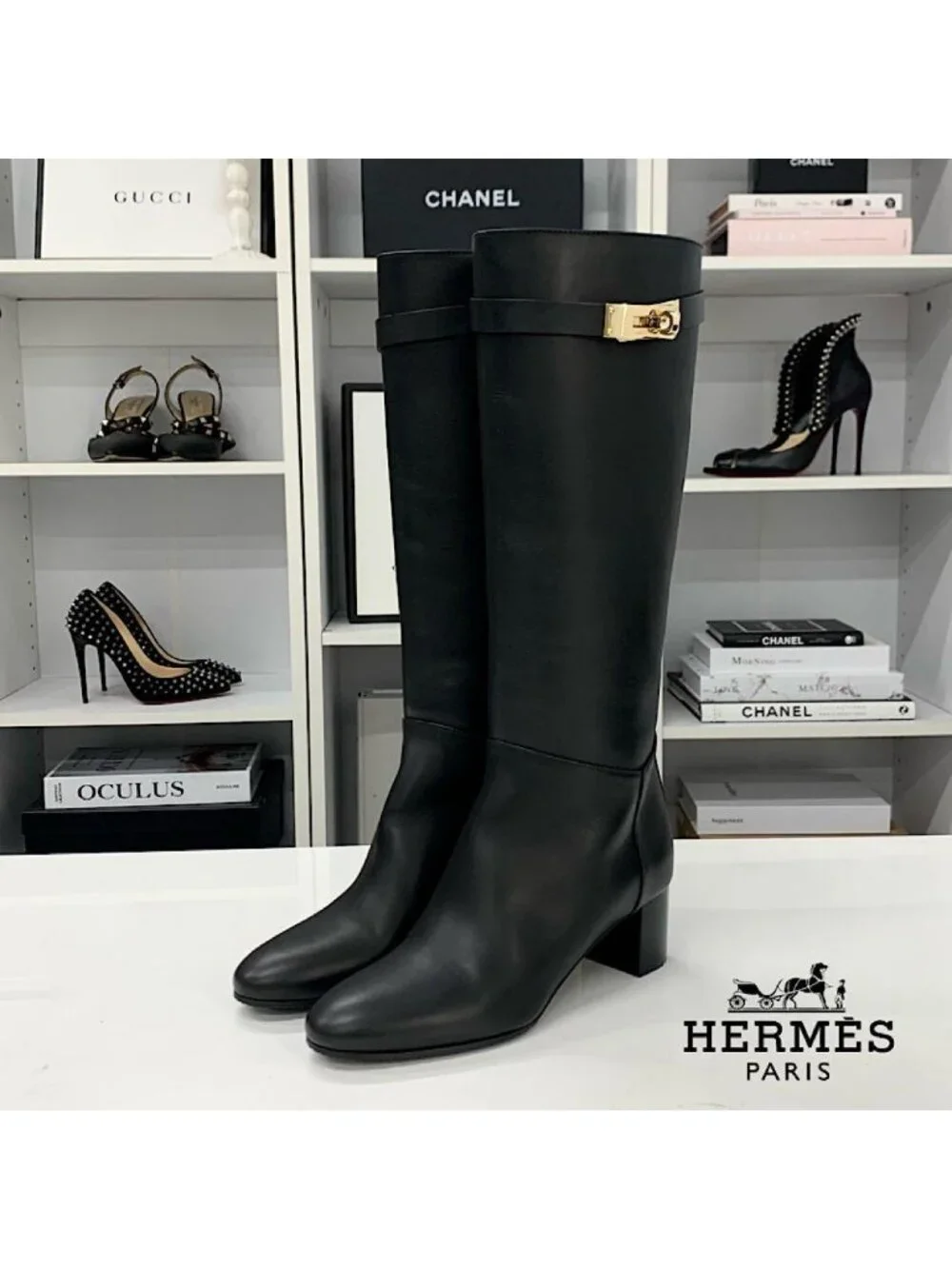 Hermes Story 50 Kelly Leather Long Boots Black